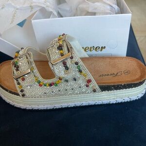 White colorful platform double buckle slides by Forever. 3sizes left